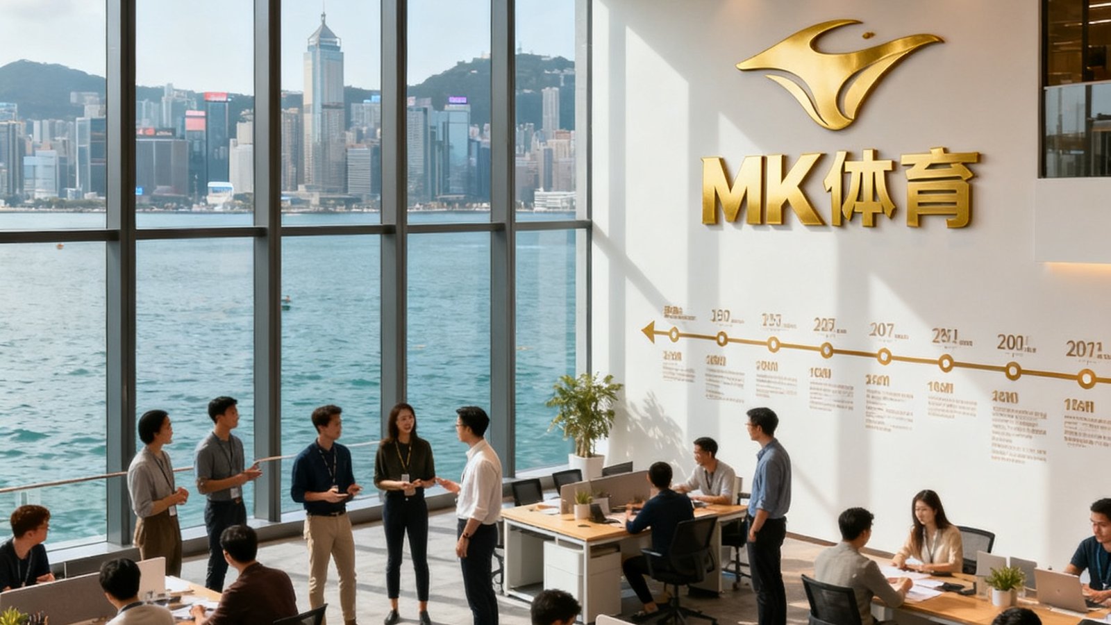 MK体育香港总部办公室团队合影,数十名员工在现代化开放式办公空间中或站立讨论或专注工作,落地窗外是维多利亚港海景,室内墙面装饰有公司金色LOGO和发展历程时间线