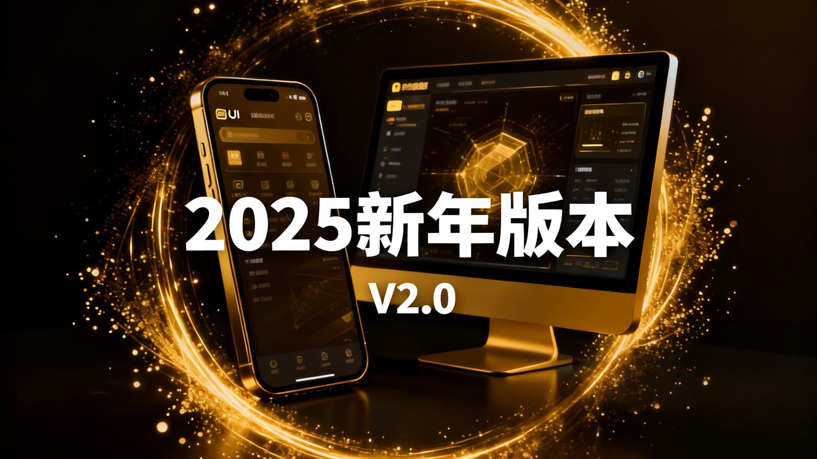 MK体育2025年新年版本发布宣传图，深色背景上展示全新UI界面的手机和电脑设备渲染图，金色光线粒子环绕，中央大字标注版本号