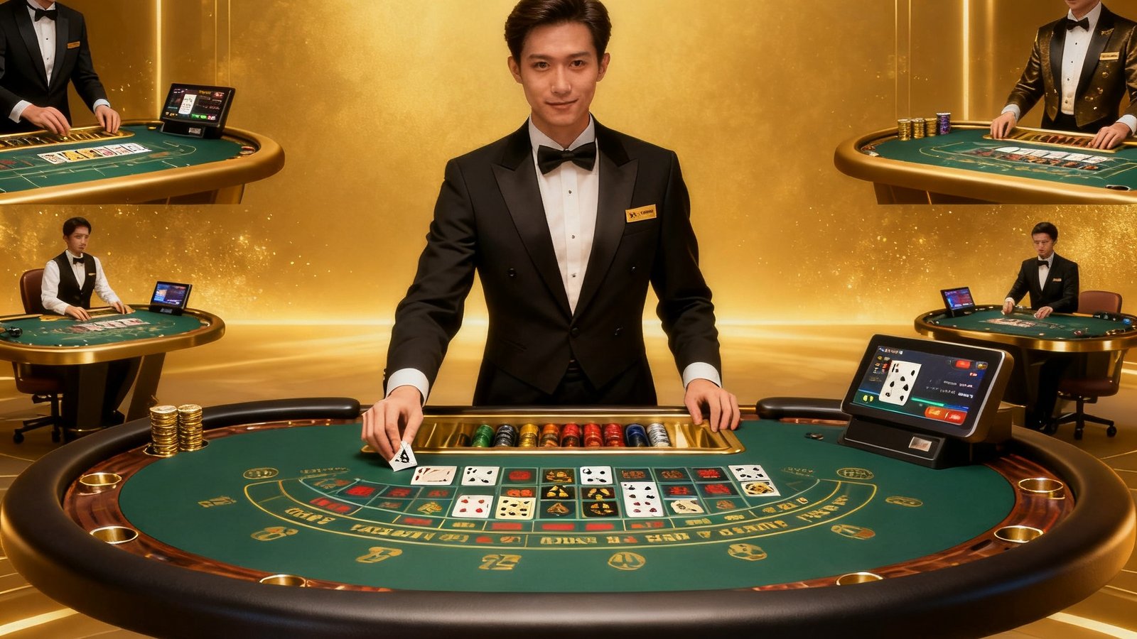MK体育官网真人娱乐大厅界面展示,多张牌桌同时在线,荷官身着正式制服,画面采用暖金色调背景,桌面细节清晰可见,界面布局整洁专业
