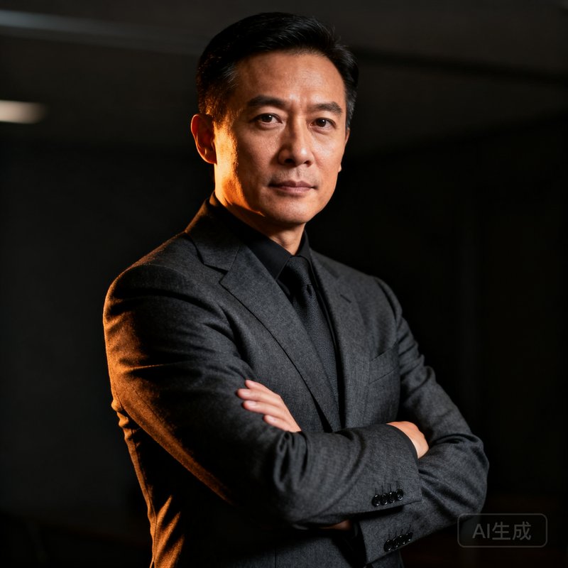 MK体育创始人兼CEO陈启明肖像照，40岁左右的亚洲男性，穿着定制深灰色西装，双手交叉于胸前，眼神坚定，背景为深色商务风格